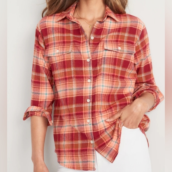 2 /$15 New Old Navy Plaid Flannel Boyfriend Shirt Sz M Orange Red NWT - Picture 1 of 12